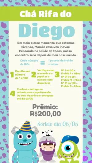 Convite Chá Rifa Monstros S.A. com Personagens para Editar