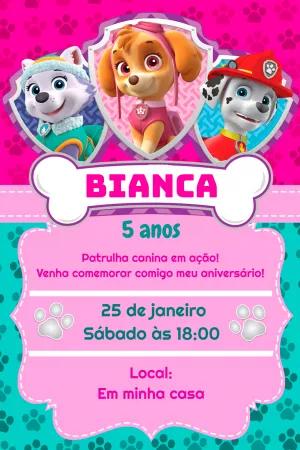 Convite Aniversário Patrulha Canina Menina para Editar Online