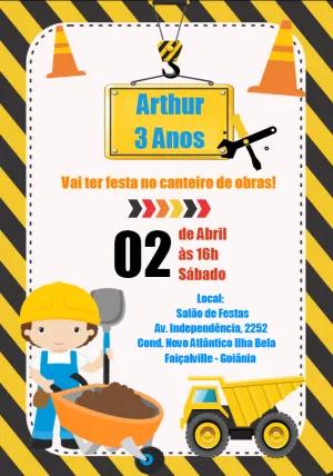 Convite de Aniversário Construção com Trator para Editar Online