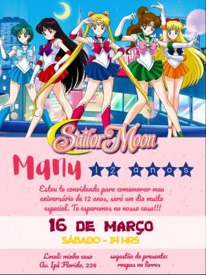 Convite de Aniversário Sailor Moon com Personagens para Editar