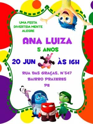 Convite Divertida Mente Editável Online para Festa de Aniversário