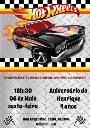 Convite Aniversário Hot Wheels com Carros de Corrida para Editar