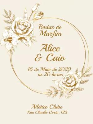 Convite Bodas de Marfim Floral Dourado para Editar Online