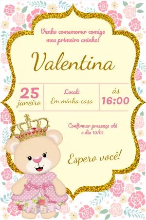 Convite Aniversário Ursinha Princesa Floral para Editar Online