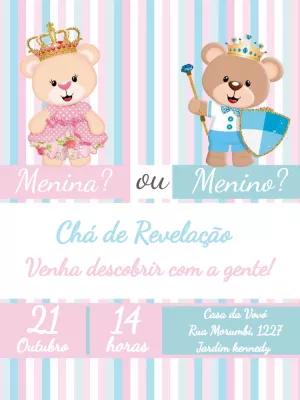 Convite Chá Revelação Ursinhos Realeza Editável Online