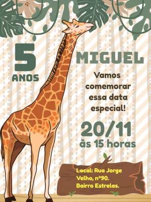 Convite Aniversário Girafa Safari para Editar Online