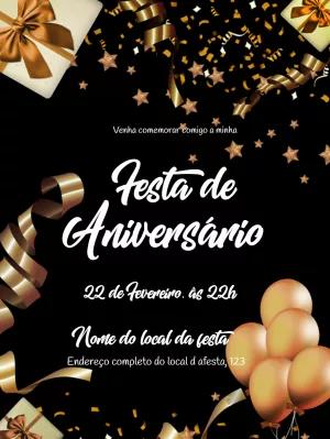 Convite de Aniversário Elegante Preto e Dourado para Editar