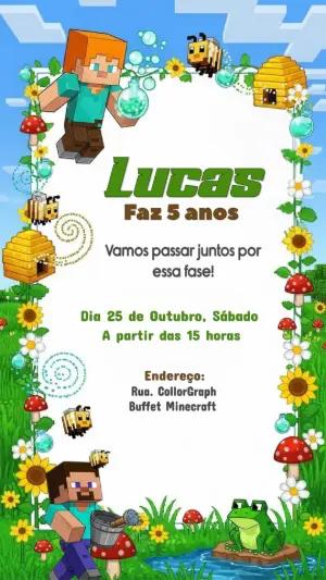 Convite de Aniversário Minecraft com Personagens para Editar