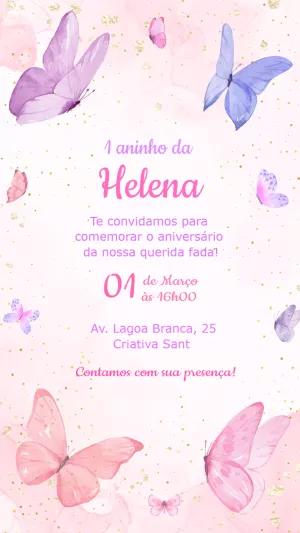 Convite de Aniversário Borboletas Aquarela para Editar Online