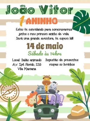 Convite de Aniversário Safari com Animais Fofos para Editar Online