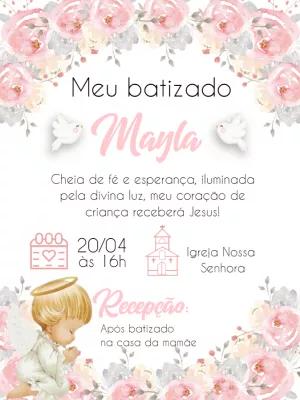 Convite de Batizado Menina Anjinha com Flores para Editar Online