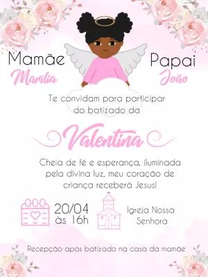Convite de Batizado Anjinha Negra com Flores para Editar