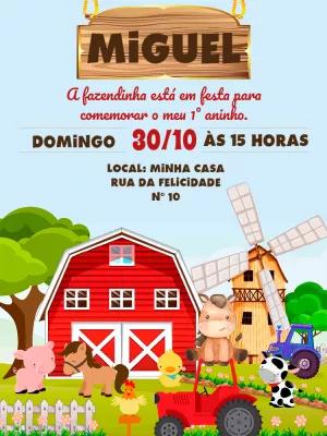 Convite Aniversário Fazendinha com Animais para Editar Online