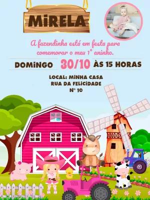 Convite Aniversário Fazendinha Rosa com Foto para Editar