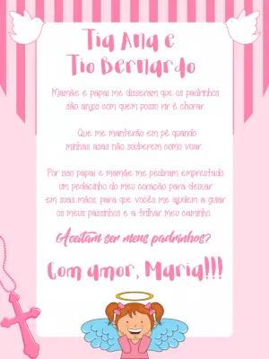 Convite Padrinhos de Batismo Rosa com Anjinha para Editar