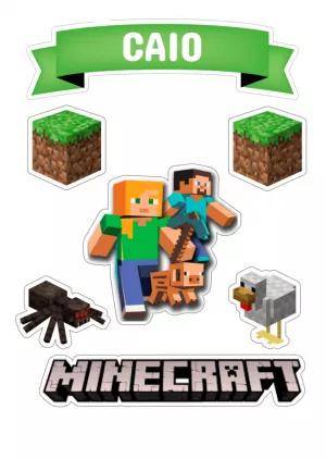 Topo de Bolo Minecraft Aniversário com Personagens para Editar