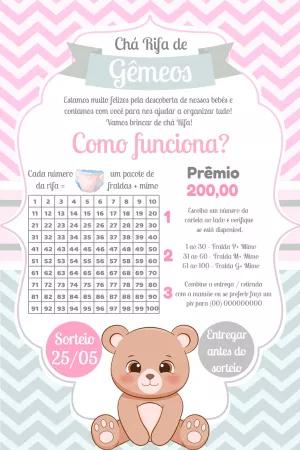 Convite Chá Rifa de Gêmeos Ursinho para Editar Online