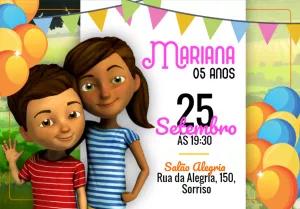 Convite Aniversário Irmãos Personagens para Editar Online