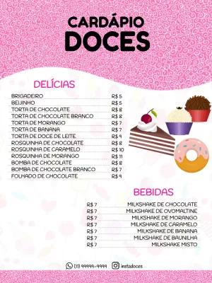 Cardápio Doceria Rosa Editável para Imprimir ou Enviar Online