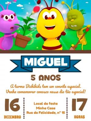 Convite Aniversário Bichikids com Personagens para Editar Online