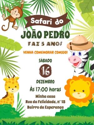 Convite Aniversário Safari com Animais Fofos para Editar Online