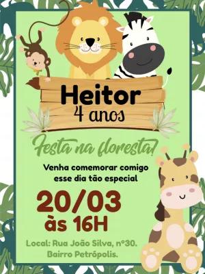 Convite Aniversário Safari Baby com Animais para Editar Online