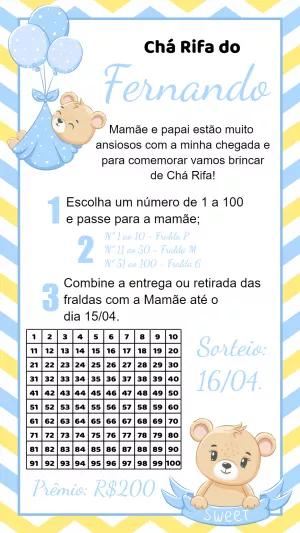 Convite Chá Rifa Ursinho Azul para Editar e Imprimir
