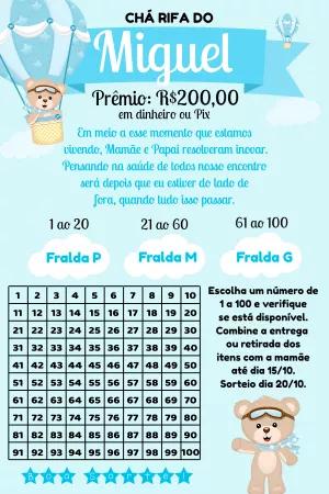 Chá Rifa Ursinho Baloeiro Editável Online para Menino