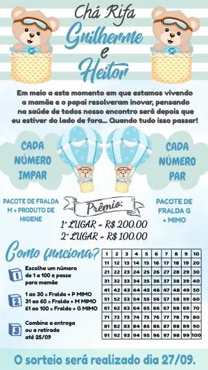 Convite Chá Rifa Ursinho Baloeiro Azul para Editar Online