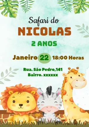 Convite Aniversário Safari com Animais Fofos para Editar