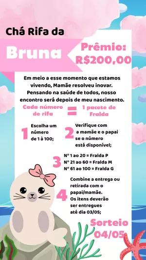 Convite Chá Rifa Foca Menina Tema Fundo do Mar para Editar