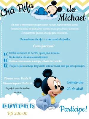 Convite Chá Rifa Mickey Baby Editável para Enviar Online