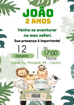 Convite Aniversário Safari com Animais Fofos para Editar Online