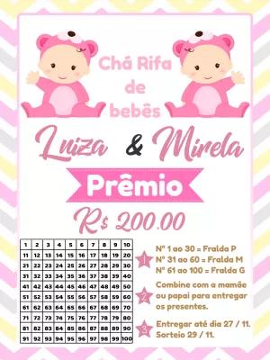 Chá Rifa de Gêmeas Ursinha Rosa Editável Online para Imprimir