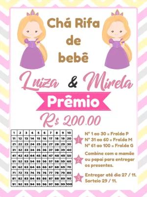 Convite Chá Rifa Gêmeas Princesas para Editar Online