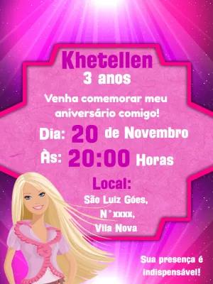 Convite de Aniversário Barbie para Editar e Imprimir