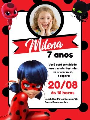 Convite Aniversário Ladybug Miraculous com Foto para Editar