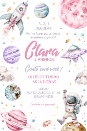 Convite de Aniversário Astronauta Menina: Modelo Editável