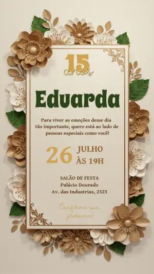 Convite de 15 Anos Floral Dourado Elegante para Editar