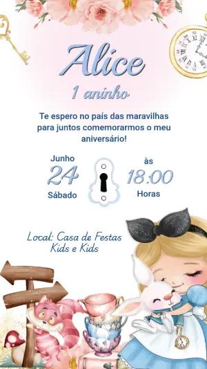 Convite Digital Aniversário Alice no País das Maravilhas Editável