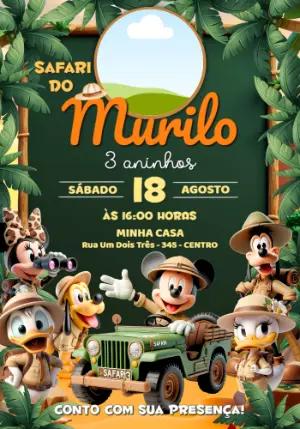 Convite de Aniversário Safari do Mickey com Foto para Editar