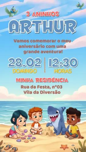 Convite de Aniversário Tubarão na Praia Modelo Editável