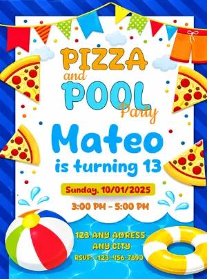 Editable Pizza and Pool Party Birthday Invitation