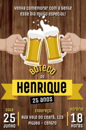 Convite de Aniversário Tema Boteco com Cerveja para Editar Online