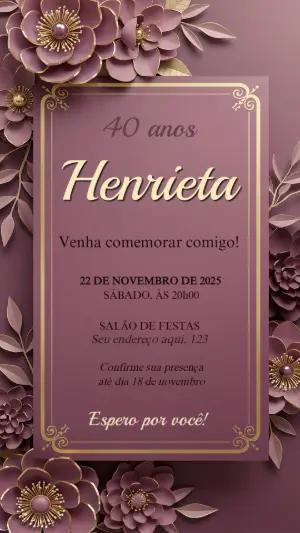 Convite de Aniversário 40 anos Floral Marsala e Dourado para Editar