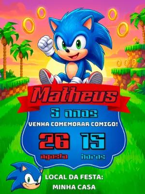Convite Digital Sonic para Aniversário Infantil Editável
