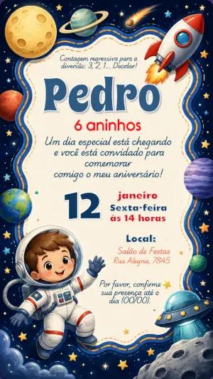 Convite de Aniversário Astronauta no Espaço para Editar