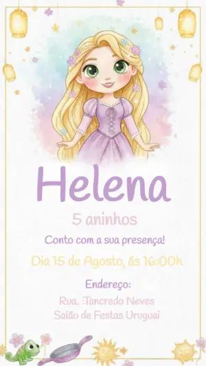 Convite de Aniversário Rapunzel Aquarela para Editar