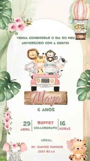 Convite Aniversário Safari Rosa com Animais para Editar