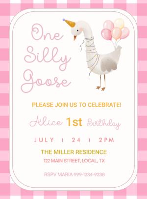 Editable Silly Goose 1st Birthday Invitation in Pink